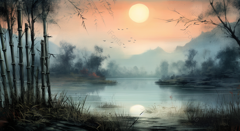 薄暮橙色夕阳池塘风景复古插画,插画/手绘图,插画/手绘图库,插画/手绘图下载,插画/手绘